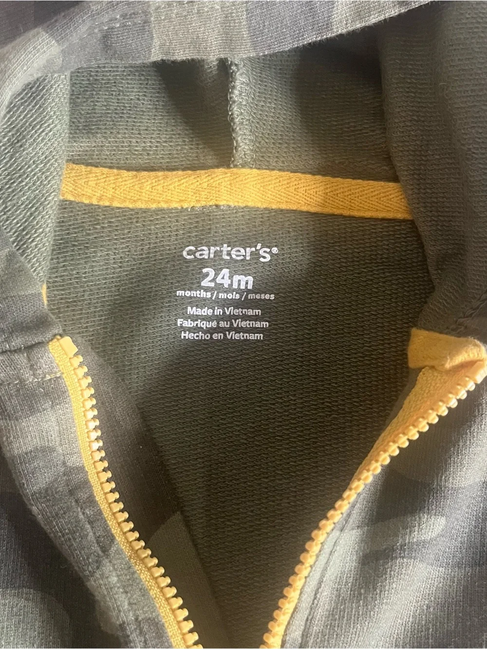 Carter’s Camo Hooded Baby One-Piece with Yellow Zipper & Dinosaur Spikes Sz 24M